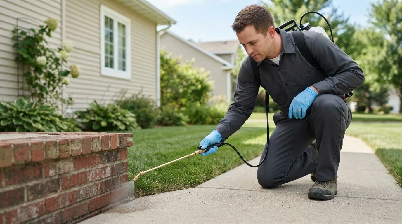 Pest control technician treating a home near New Church, VA